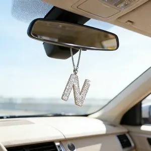 6pcs Rhinestone Letter Car Hanging Decorations, Fashion Personalized Style with Rope, Rearview Mirror Decoration, Car Interior Accessories, Car Ornament