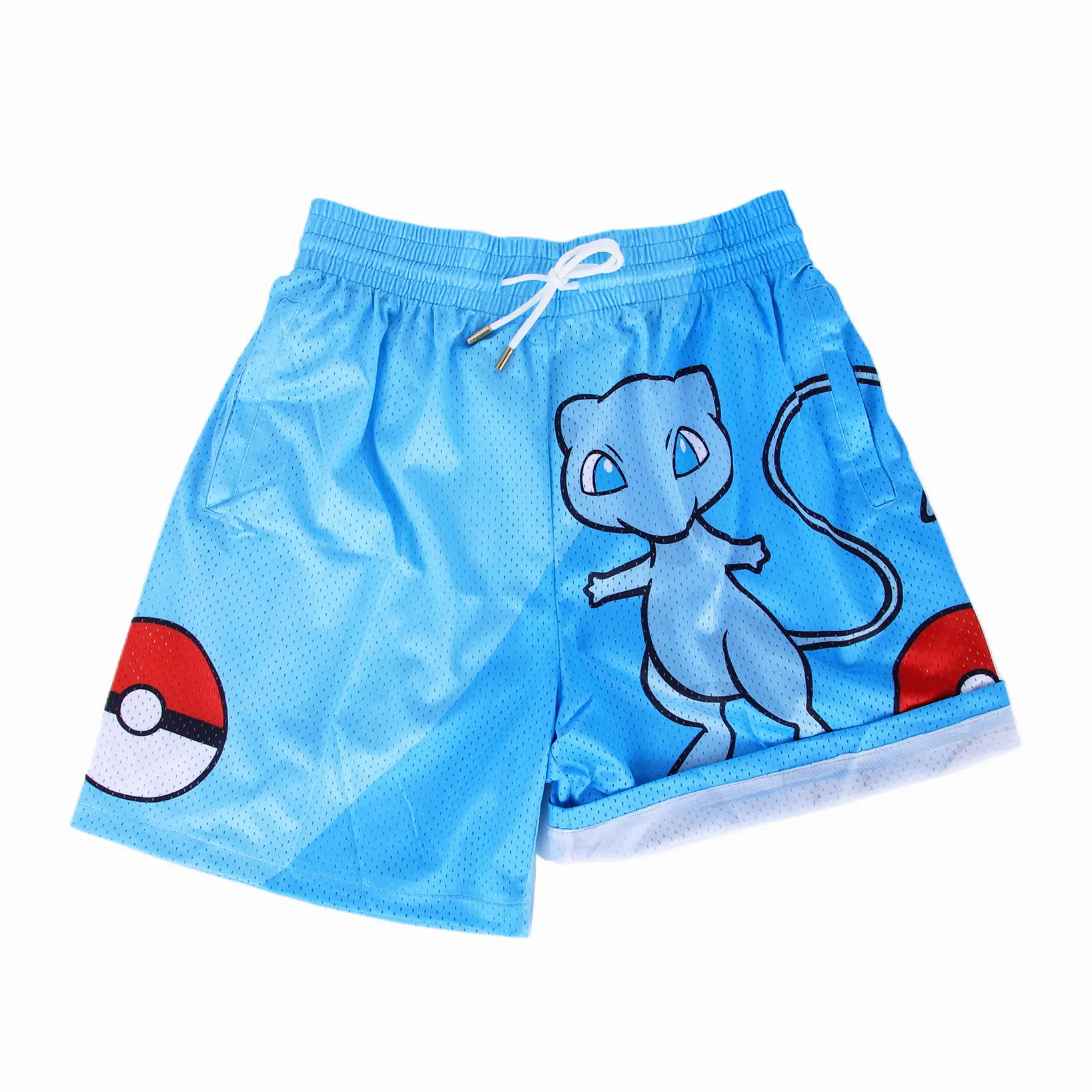 Shiny Mew Blue Unisex Sports Double-Layered Inner Shorts Full Print Drawstring Design Men Women Mesh Basketball Shorts 4 Pockets 5.5 Inseam