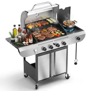 COWSAR 4-Burner Propane Gas Grill, 42000 BTU Stainless Steel BBQ Grill with Side Burner, Porcelain-Enameled Grills for Outdoor Patio Barbecues & Backyard Cooking