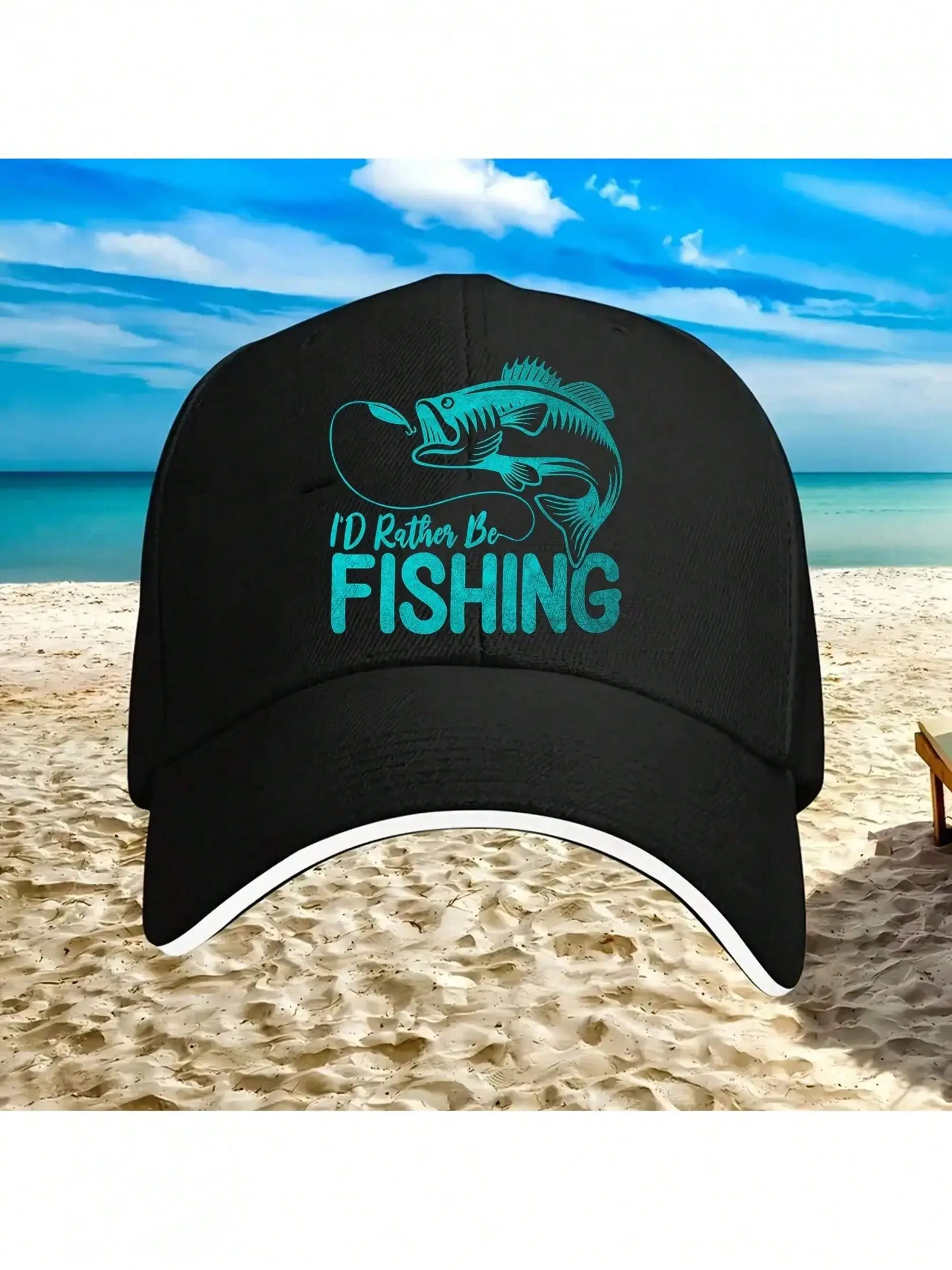 Adjustable Fishing Hat - "I'd Rather Be Fishing" Baseball Cap With Fish Graphic, Lightweight Polyester Truck Driver Style, Breathable & Quick-Dry For Men, Anglers - Gift For Father's Day, Birthday, Fishing Trip - Black Cap With Teal Accents, Outdoor Headw