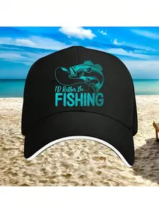 Adjustable Fishing Hat - "I'd Rather Be Fishing" Baseball Cap With Fish Graphic, Lightweight Polyester Truck Driver Style, Breathable & Quick-Dry For Men, Anglers - Gift For Father's Day, Birthday, Fishing Trip - Black Cap With Teal Accents, Outdoor Headw
