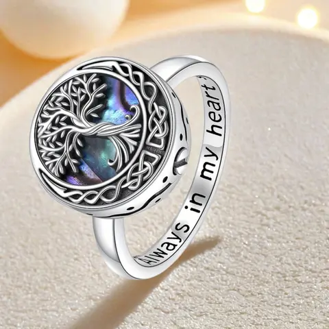 Custom Jewelry Tree of Life Cremation Ring - Copper, Celtic Commemorative Accessory, Engraved "Always In My Heart", Inlay Shell Detail, Ashes Storage, Unisex Basic Comfortable-to-Fit Daily Wear, Simple Refined Style, Meaningful Gift
