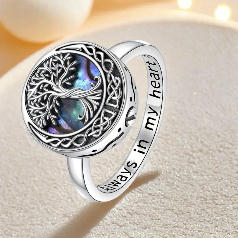 Custom Jewelry Tree of Life Cremation Ring - Copper, Celtic Commemorative Accessory, Engraved "Always In My Heart", Inlay Shell Detail, Ashes Storage, Unisex Basic Comfortable-to-Fit Daily Wear, Simple Refined Style, Meaningful Gift