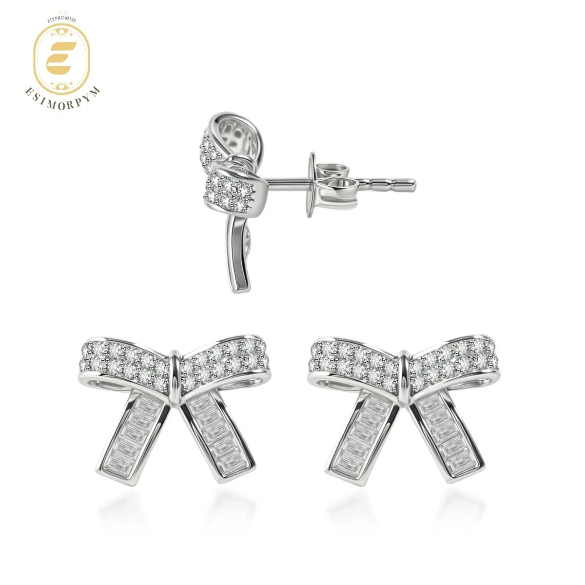 EOM Moissanite Twinkle Bow Stud Earrings Silver-Plated Valentine's Day Wedding Engagement Anniversary Romantic Elegant Gift Daily Wear