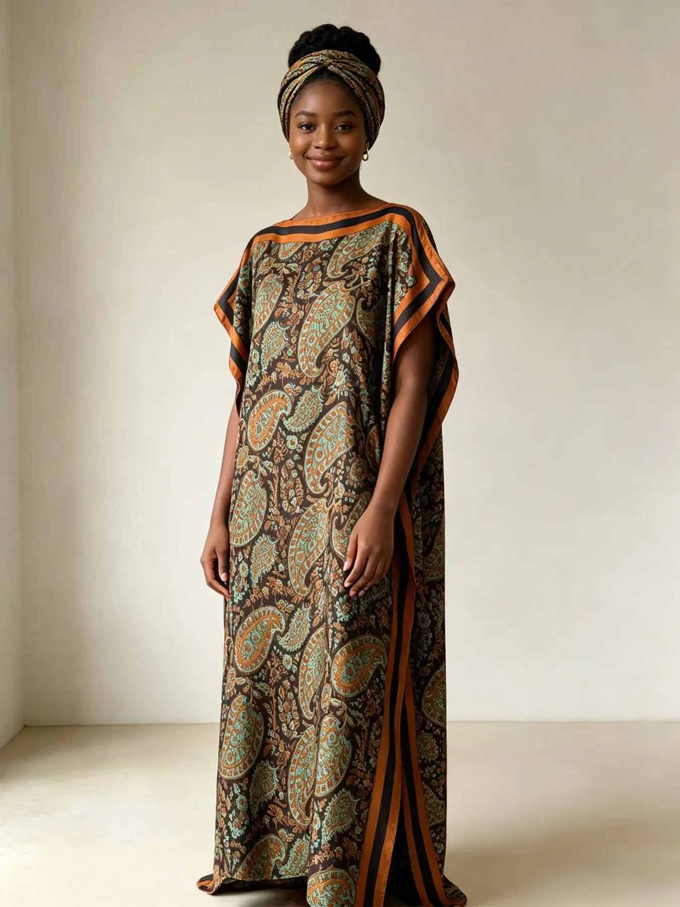 Vintage Paisley Kaftan & Skirt Set, Loose Fit Silky Abaya Style, Breathable Ethnic Print Dress for Women, Comfortable and Stylish
