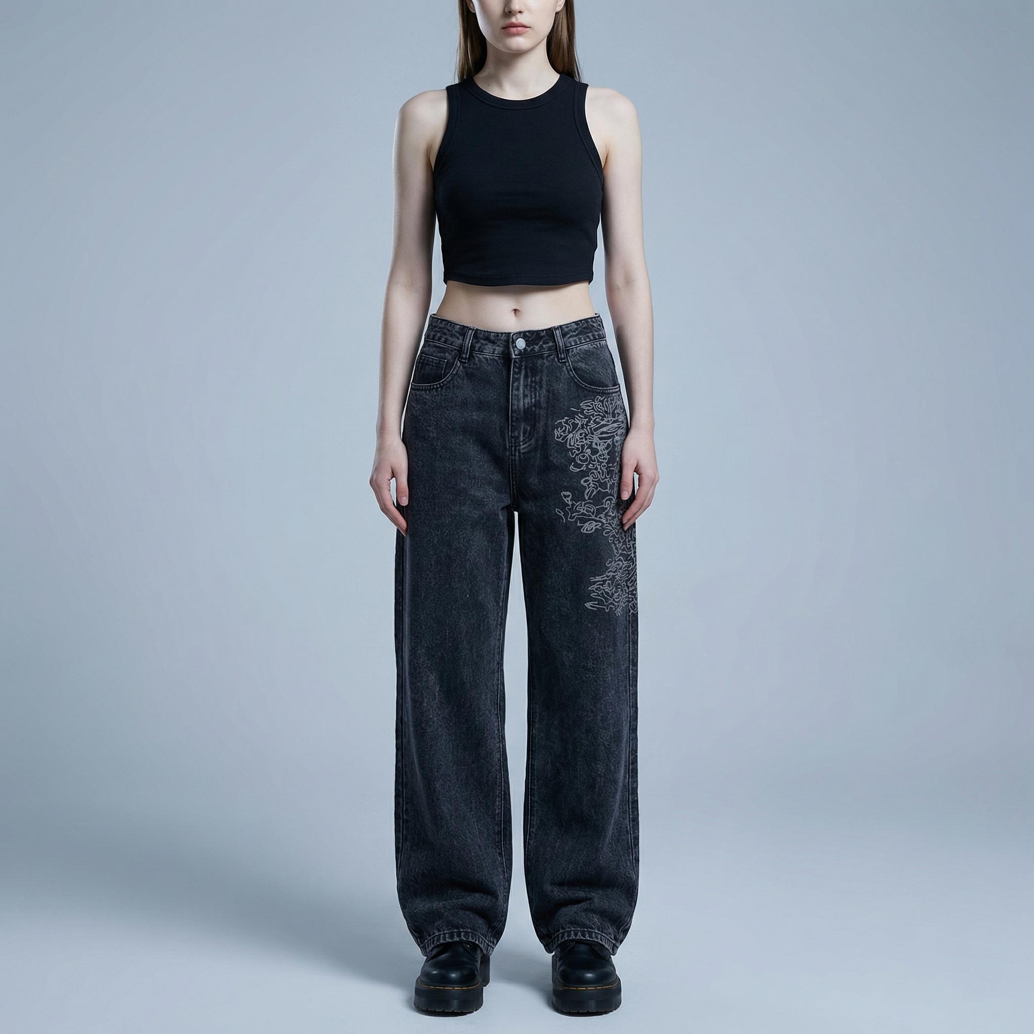 Women's Baggy Wide-Leg Jeans Comfortable Relaxed-Fit Washed Black Denim Pants with Y2K Cybersigilism Gothic and Vintage Grunge Embroidery Streetwear