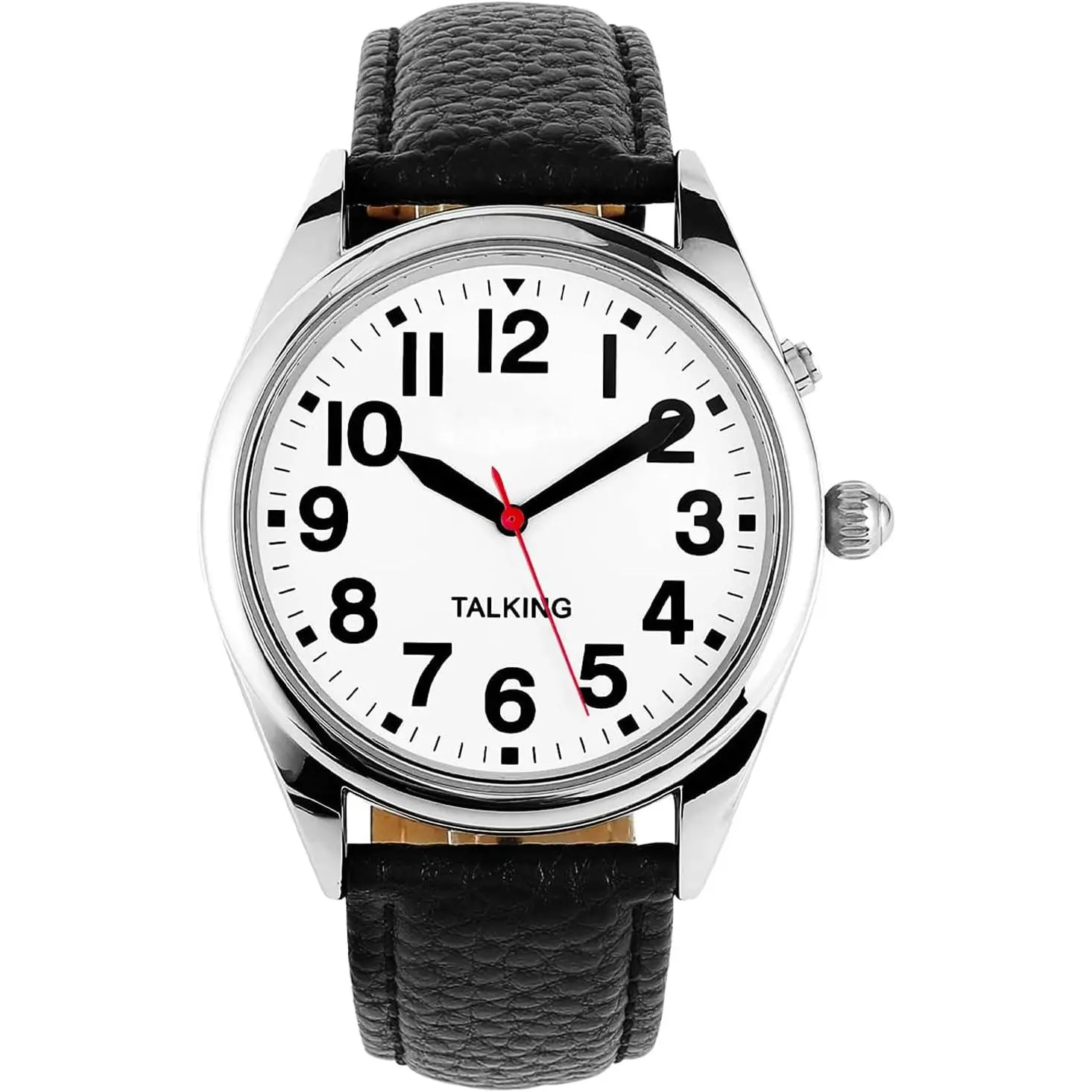 English Talking Watch Speaks The Time, Date or Alarm time for Elderly, Impaired Sight or Blind. White Face-Black Numbers with Stainless Expand Strap