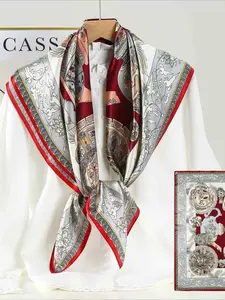 100% Mulberry Silk Square Scarf 34.64 Inch, Wine Red Porcelain & Floral Pattern, Vintage Luxury Elegant Shawl Wrap, All-Season Multi-Occasion Wear, Gift Boxed, Ideal for Valentine’s Day Christmas Mother’s Day