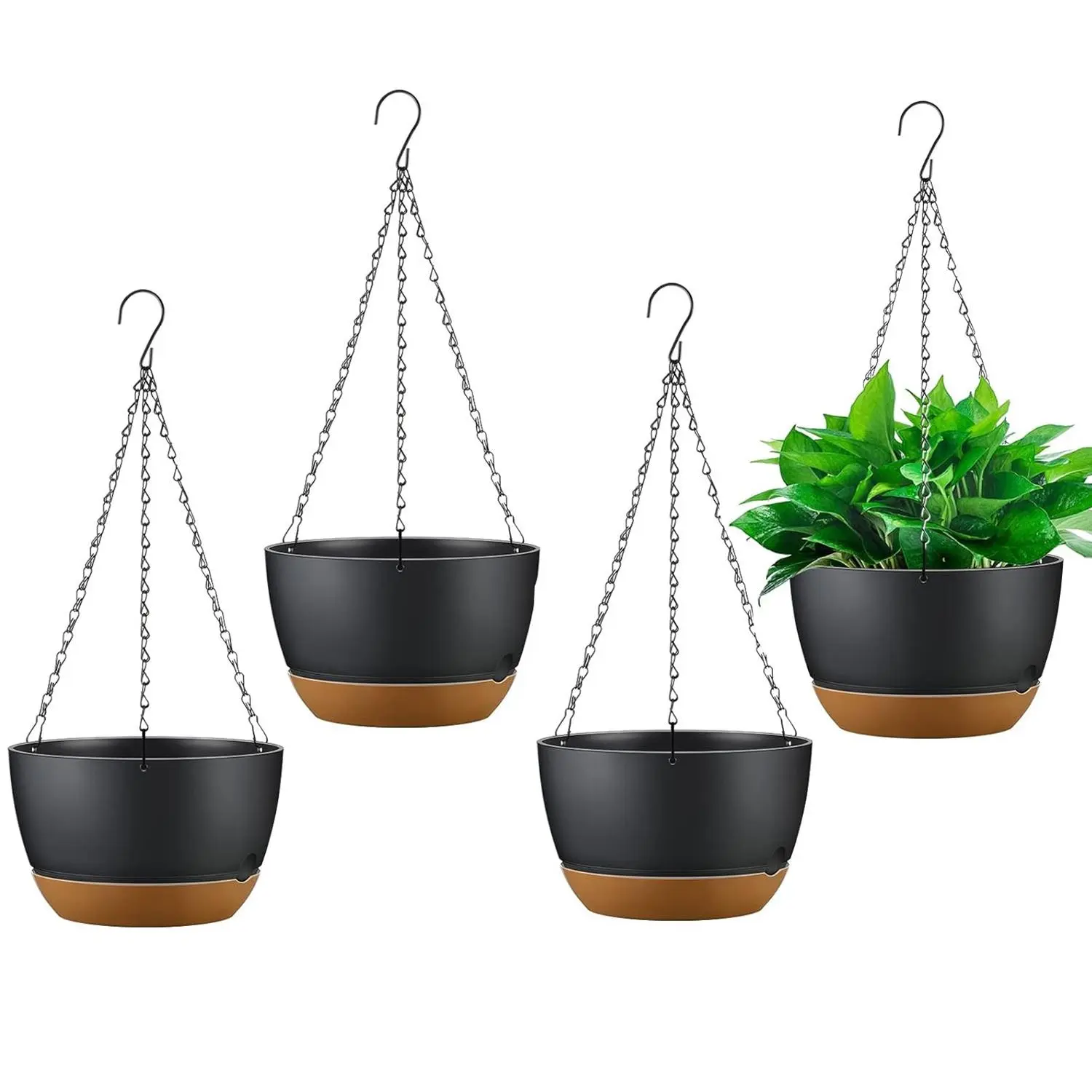 4Pcs 9.64In Diameter Plastic Hanging Planters with Drainage Holes, Removable Self-Watering Tray, for Indoor Outdoor Herb Ivy Fern (Garden Pots & Planters for Home Improvement)