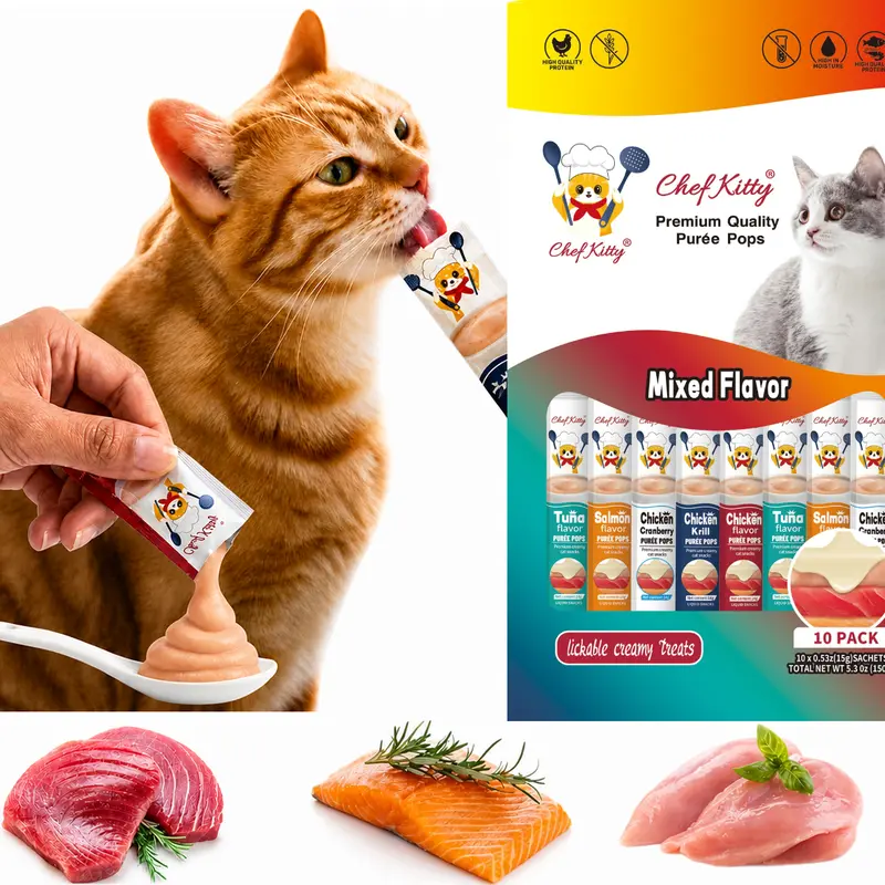 CHEF KITTY Lickable Cat Treats, Universal Interactive Grain-Free Cat Food Toppers, High Protein Mixed Flavors Creamy Puree Squeeze Ups with Vitamin E & Taurine, Digestible Formula, 0.5 oz Each Tube, 10 Tubes
