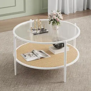 30" Rattan Coffee Table,  2-Tier Round End Table with Storage, Round Water-Wave Glass Metal Center Tables, Modern Circular Coffee Tables for Small Space, Living Room, Office