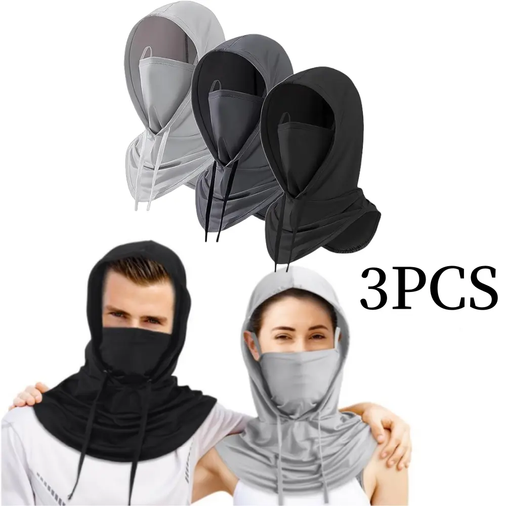 Adults' Comfy 3-Pack Unisex Summer UV Protection Full-Face Open Hood Balaclava - Breathable, Lightweight Face & Head Mask with Adjustable Visor Strap, Elastic Drawcord - Ideal for Motorcycle, Cycling, Fishing