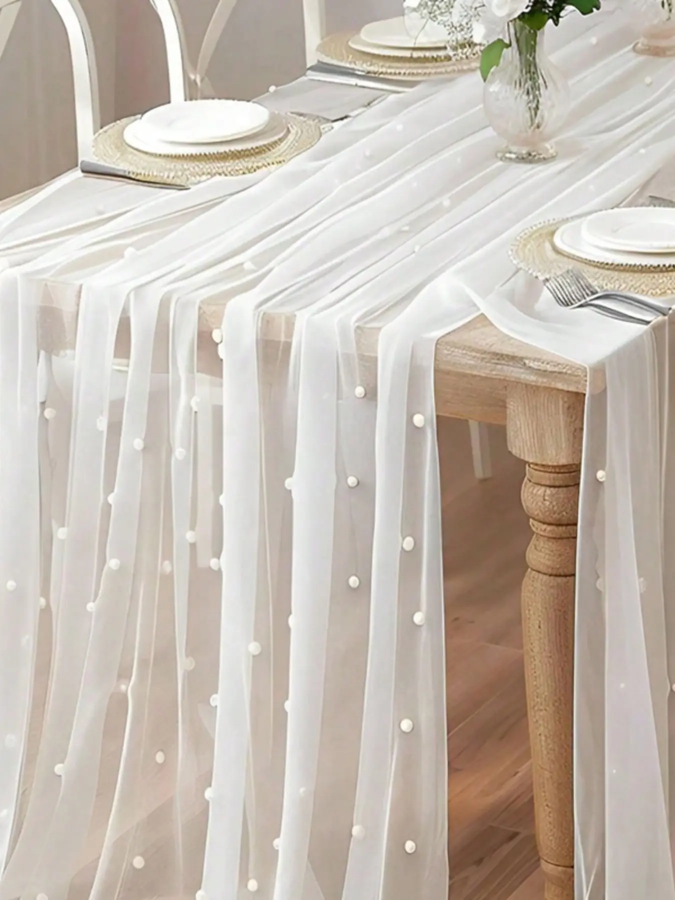 Pearl Mesh Table Runner, Table Setting, Wedding Veil, Dessert Tablecloth, Boho Style, Elegant Chiffon Sheer, Lightweight, Pearl Lace, Party Decoration, Party Supplies, Bridal Shower Gift, Versatile Usage