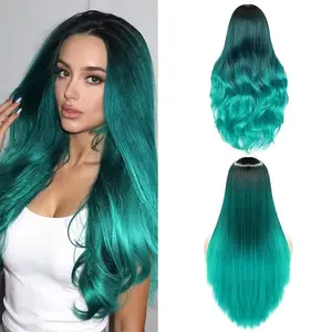 26" Long Wavy Wig Ombre Bluish Green Wigs Long Curly Ombre Color Hair Wigs Middle Part Synthetic Mermaid Green Wigs For Women Daily Party Cosplay