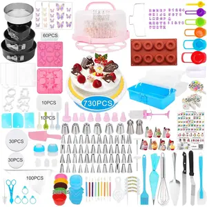 Cake Decorating Kit, 730 count Cake Pop Kit Cake Decorating Supplies with Cake Carrier Holder Springform Pan Sets Toolbox Organizer Turntable Piping Bags Tips  Molds for Beginner Professional