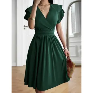 Women's Plain Ruffle Trim Wrap V Neck A Line Dress, Elegant Layered Sleeve Midi Dress for Party Holiday Wedding Guest, Ladies Summer Clothes