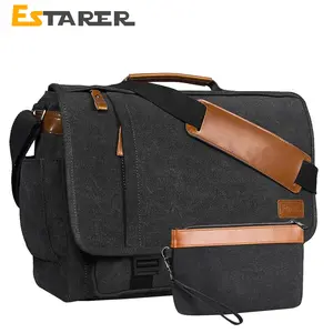 ESTARER Mens Messenger Bag 17-17.3 Inch Laptop Bag Water-resistant Canvas, College/Work/Travel Computer Shoulder Bag with Pencil Case Pouch, Dark Grey