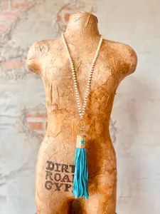 Beaded Leather Tassel Necklace - Teal