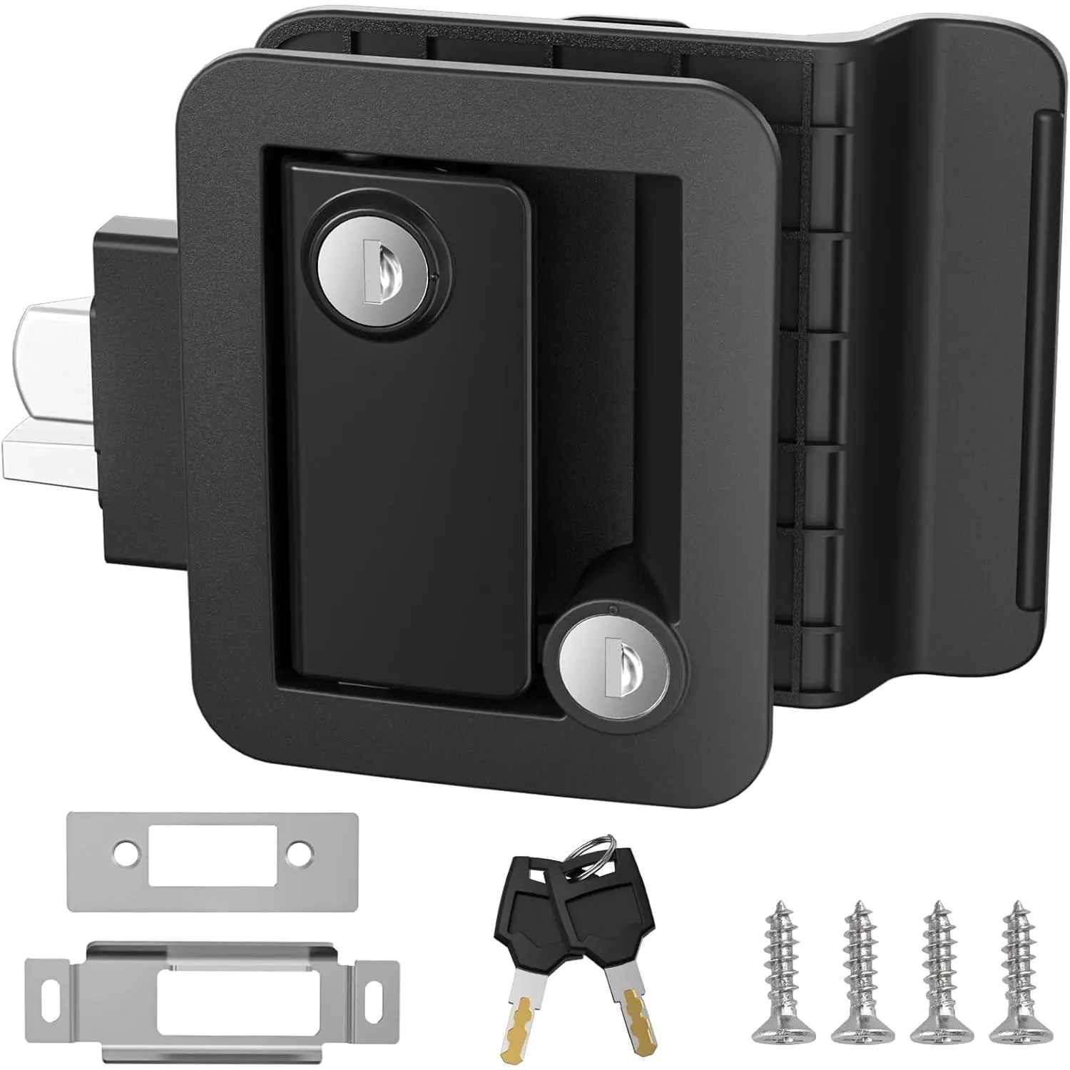 Upgraded RV Door Lock Replacement, Black RV Door Latch with Paddle Deadbolt, Fit 3.55" x 2.68" Lock Hole, Black Nylon Material Door Lock with 2 Keys for Cargo Hauler Travel Trailer