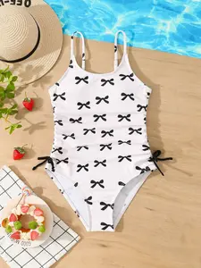 Girls' Bow Print One-Piece Swimsuit with Matching Skirt, Fashion Casual Two-Piece Set, Bow Swimwear, Summer Vacation
