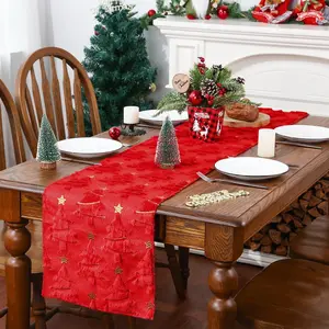 Christmas Table Runner, Red Christmas Trees Soft Plush Faux  Jacquard Runner for Table Seasonal Winter  Year Holiday  Party Decor Dining Table Decorations 13x72 Inch