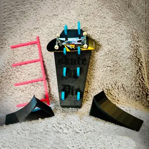 4-in-1 Fingerboard Display Stand and Skateboard Set, Can Hold 4 Fingerboards, Fingerboard Obstacle, Transformable into Skateboard Box/ Ramp/ Guardrail, Foldable Storage Box Suitable for Desktop Display and Portable Skateboarding Experience