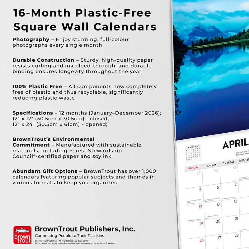 Majestic New Zealand | 2026 12 x 24 Inch (Hanging) Monthly Square Wall Calendar | Plastic-Free | BrownTrout | Travel Scenic Oceania Photography 5