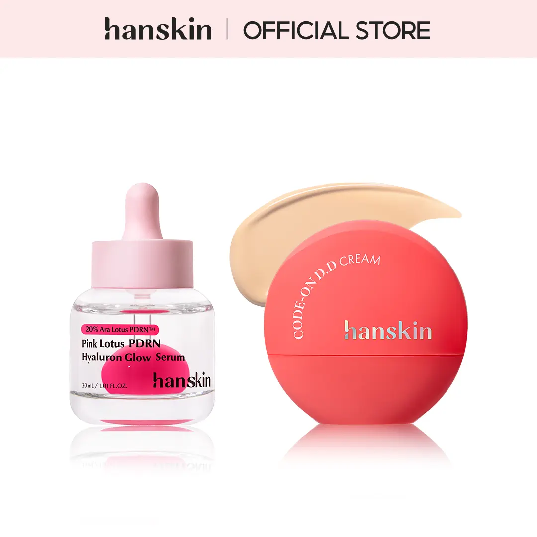 [Hanskin] PDRN Glow Serum 30ml + DD Cream Moisturizing Skin Repair Multi-Pack, Daily Lotus-Infused Skincare Set, Lightweight Facial Serum & Makeup Prep for Dewy Radiant Skin, Smooth Fit, 72H Flawless Finish