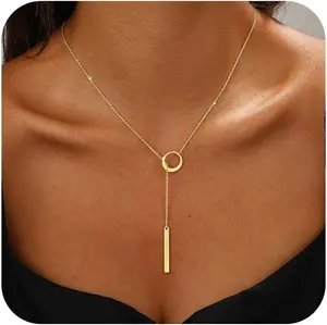 Elegant 14K Gold Plated Lariat Necklace, Long Y Shaped Chain, Dainty Beaded Drop Pendant, Trendy Layered Jewelry for Women, Non Tarnish Adjustable, Valentine's Gift