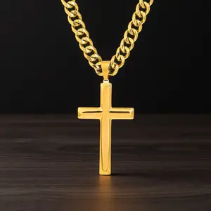 18K Real Gold Plated Cuban Chain with 7mm Chian Fashion jewelry Stainless Steel Layered Religious Men's Cross Pendant Necklace Fashionable