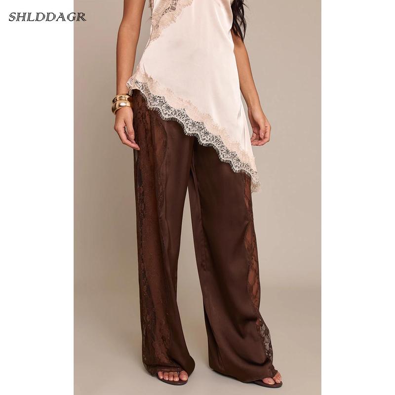 Women's Stylish and Elegant Satin Lace Wide-Leg Pants - High-Waisted Drawstring Loose Flowy Casual Party Dress Pants with Side Lace Trim (Ivory/Brown/Olive Green)