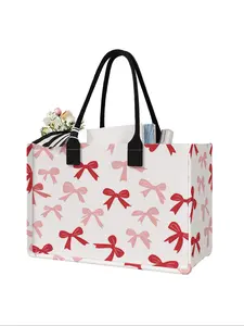 Large Capacity Bowknot Printed Storage Bag, Durable Handle, Space Saving Multi-Purpose, Ideal for School, Travel, Shopping, Tote Bags