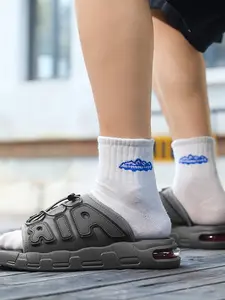 Men's White-Black Letter Air Cushion Slides, Cool Casual Style, Leather Paneling + Air Cushion Sole, Eye-Catching Style, Light & Bouncy Fit , Ideal for Daily Home & Light Outdoor Outings