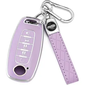 Key Fob Cover Case for Nissan Pathfinder Rogue Accessories | Fits 2023-2025 Sentra, Kicks, Versa | Soft TPU Protector for 5-Button Remote with Keychain - Purple