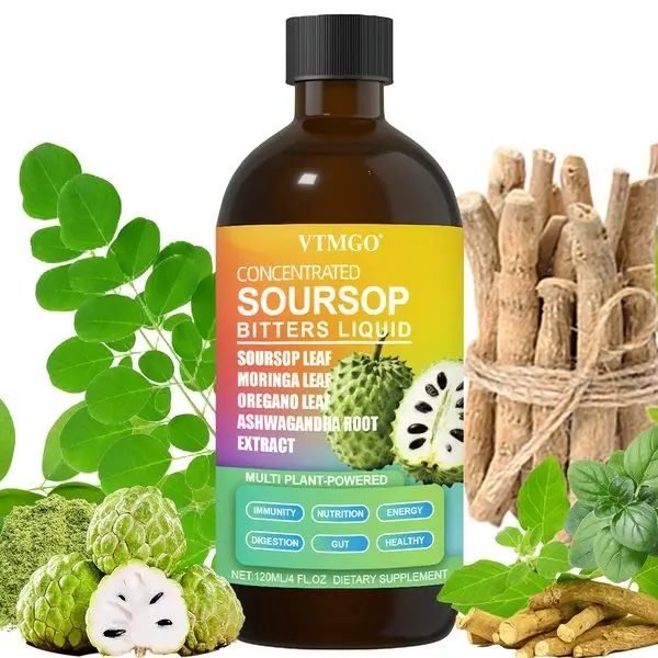 Soursop Bitters Liquid - Herbal Dietary Supplement - GUT, DIGESTION, Immune Health, Nutrition. Natural Soursop, Moringa, Oregano, And Ashwagandha, 4 Different Herbs Root. Antioxidant Benefits for Man And Woman