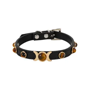 Soft Leather Cat Collar with Fashion Tiger Eyes Decoration, Metal Studded Collars for Kittens, XS/S/M Pet Neck Strap Accessories for Chihuahuas, Dog & Cat Supplies