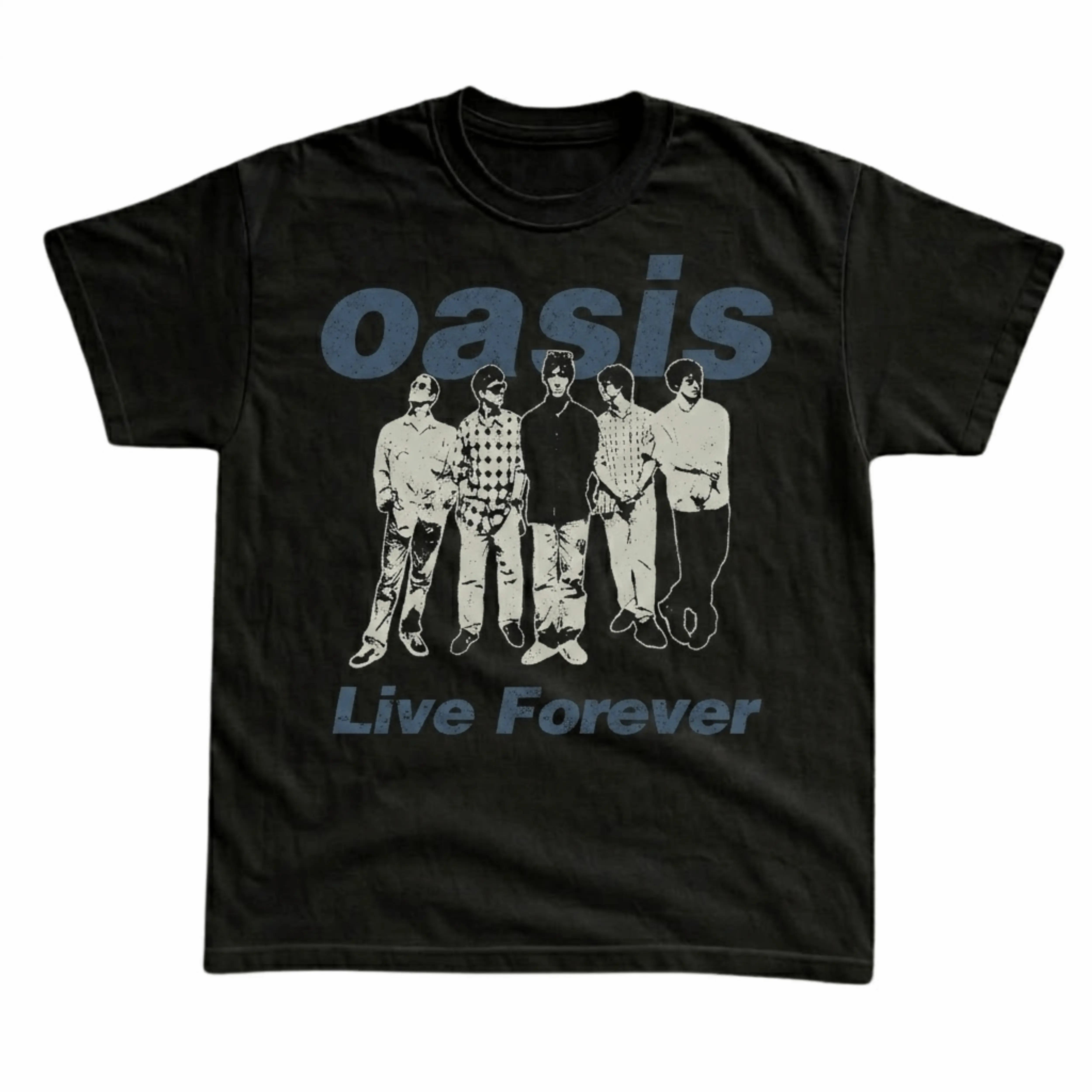 Gildan Men's and Women's T-shirt, Vintage Oasis Live Forever Graphic Tee, 90s Britpop Band Merch, UK Rock Music, Distressed Band Members Photo, Retro Grunge Aesthetic, Y2K Indie Pop, Concert Shirt, Tour Tee, Alternative Streetwear, Unisex Casual Top.