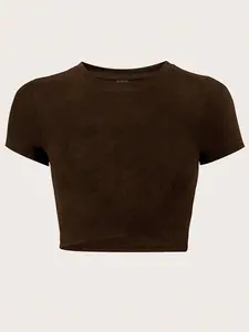 Women's Slim-Fitting Solid Color Short Sleeve Crop Top, Casual Summer Style with Round Neck and Belly Button Cut Out
