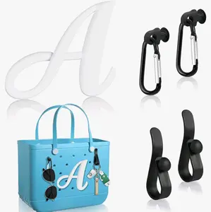 5- PCS  Key Hooks & White Letter Charm Bundle for Bogg Bag - Compatible Carabiner Keychain Set for Organizing Keys and Accessories, Rubber Beach Bag Personalize
