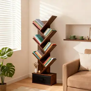 1 Tree Bookshelf 7 Tier Bookcase with Drawer Storage Unit for Living Room Small Bedroom Organizer CD Bookshelf Display Wood Board Shelf Home Office