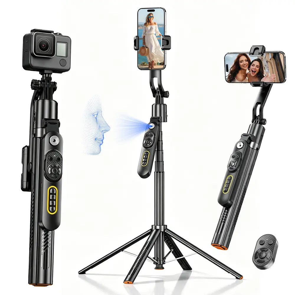phone tripod 70.9" Auto Face Tracking Selfie Stick Tripod for iPhone with Light, No App, 360° Rotation Tripod that Follows Your Movement with Remote Control for Vlog/Live Stream/Video Recording Wireless Cellphone backtoschool