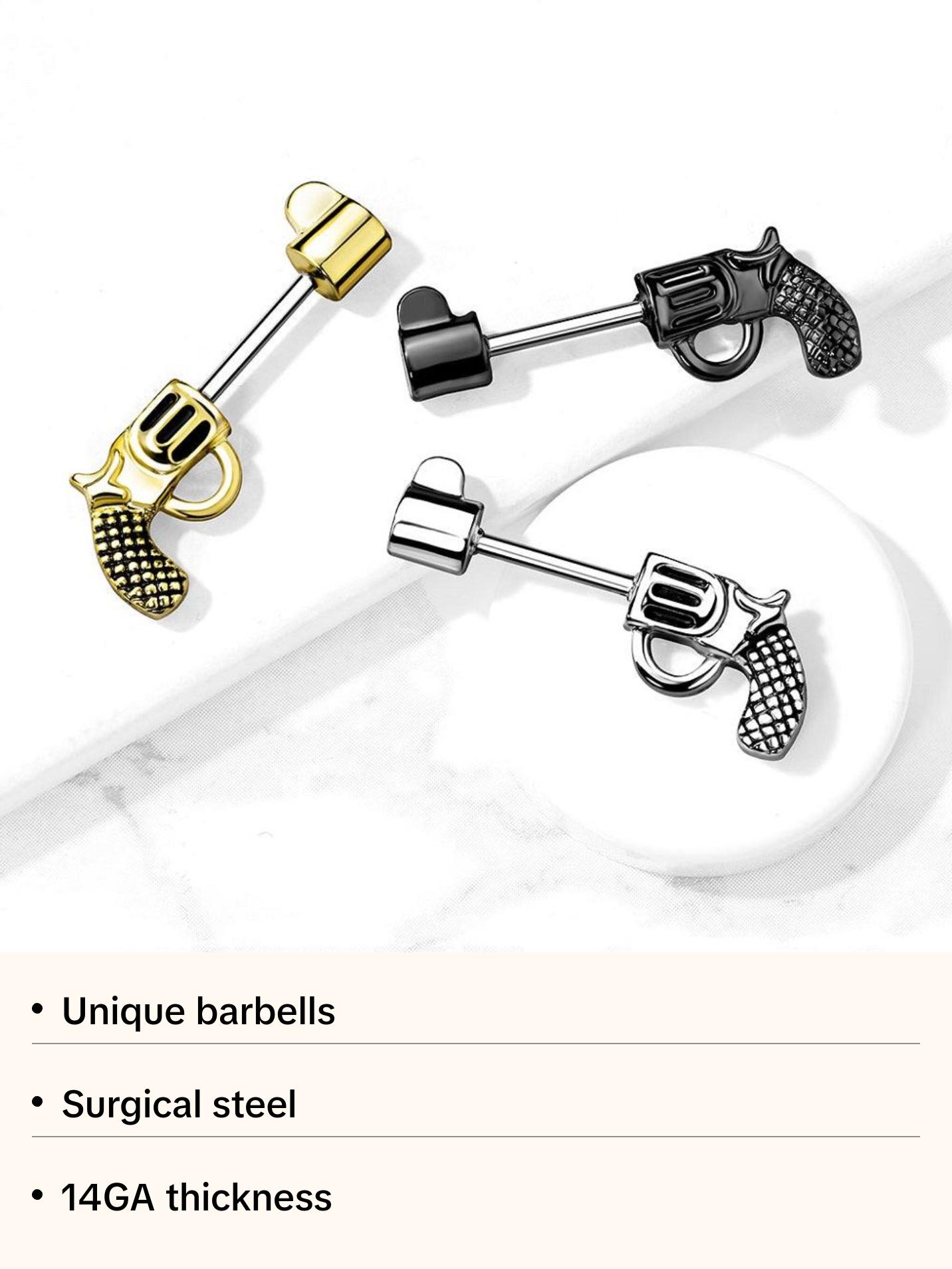 Revolver Pistol Nipple Barbells - Stainless Steel - Pair