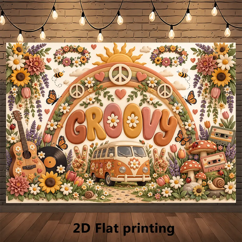 Rustic Groovy Boho Backdrop, Neutral Vintage Sunflower Peace Sign and Retro Camper Van Photo Background for Fall Festival Decorations