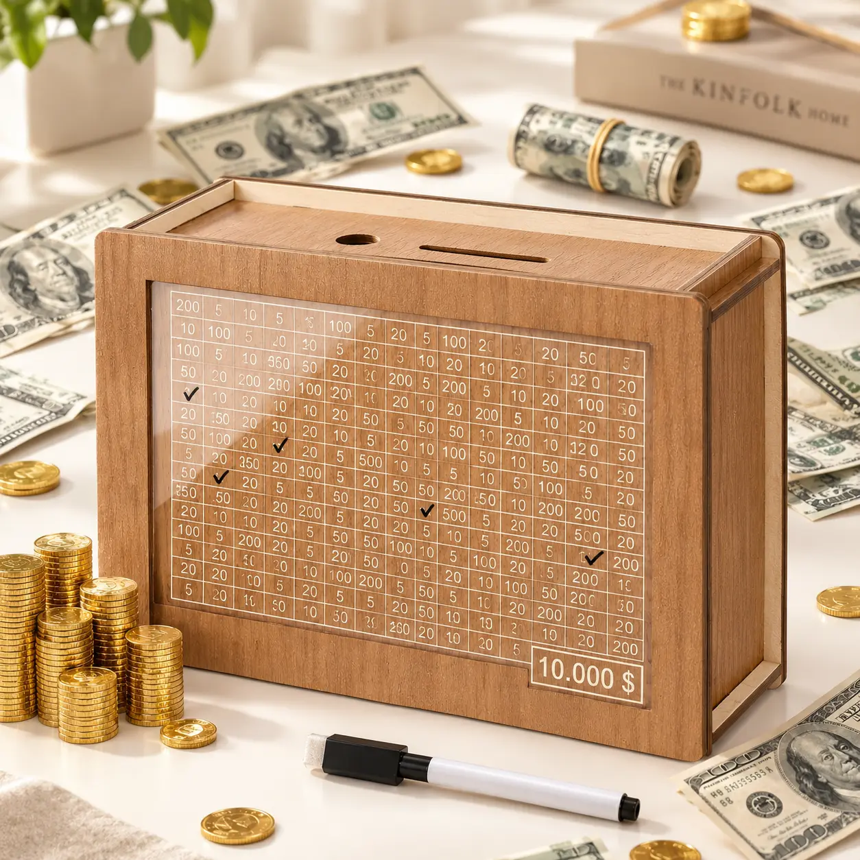 10000 Savings Challenge Box – Wooden Digital Money Saver Box 10k Smash, Cash Vault Piggy Bank with 10,000 Dollar Goal for Adults & Kids, Kakeibo Cashbox