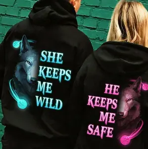 Wolf Couple Matching Hoodie – She Keeps Me Wild & He Keeps Me Safe Neon Graphic Pullover & Anniversary Gift