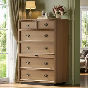 Sikaic Farmhouse 6 Drawers Dresser, 45.3" Tall Dresser with Pull-Out Shelf, Chest of Drawers for Bedroom, Anti-Tipping Device, Base Color Blocking Design, for Living Room, Entryway, Walnut summergarden