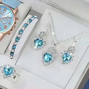 Popular water drop heart-shaped jewelry three-piece set: necklace, earrings, ring, and diamond pendant