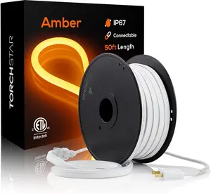 Amber Color TORCHSTAR Premium 50ft LED Neon Rope Light, Graduation Decorations, Outdoor IP67 Waterproof, 120V UL Plug, ETL Connectable Neon Light Strip for Shop Sign, Max 2 Sets(100FT), Amber Light