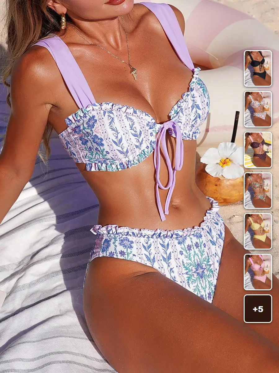 2 Piece Bikini Set Ditsy Floral Halter Triangle Top Summer Beach Vacation