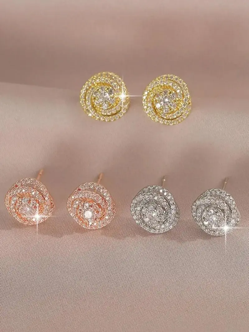 Female Rose Shape Halo Cubic Zirconia Stud Earrings - Hypoallergenic Micro-Set CZ, Sparkly Metal Coating, Bridal Wedding Jewelry Ideal for Weddings & Daily Wear